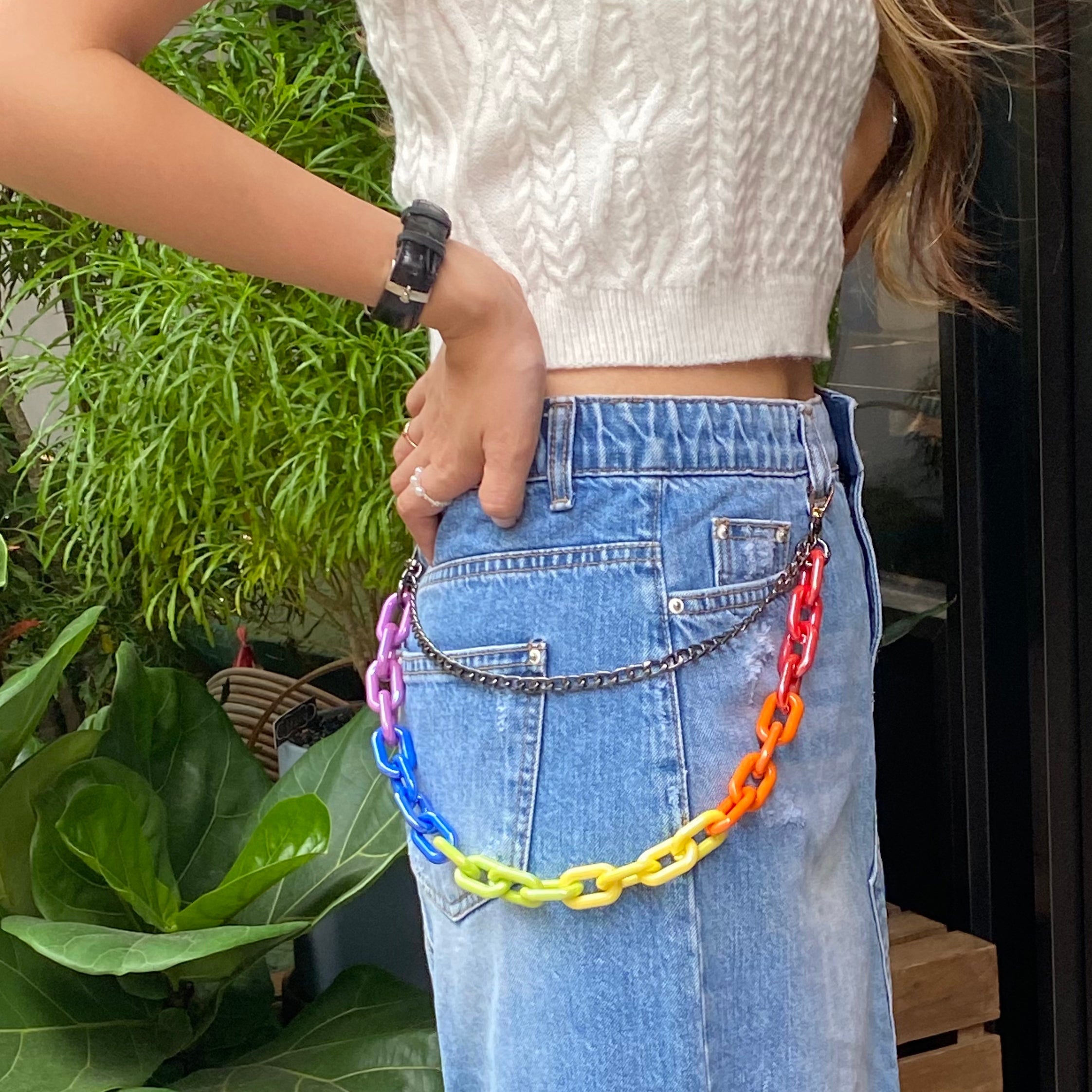 *CC chain multi color waist chain belt Iridescent Rainbow Chunky Chain Waist Belt Acrylic & Metal 2  main image 3